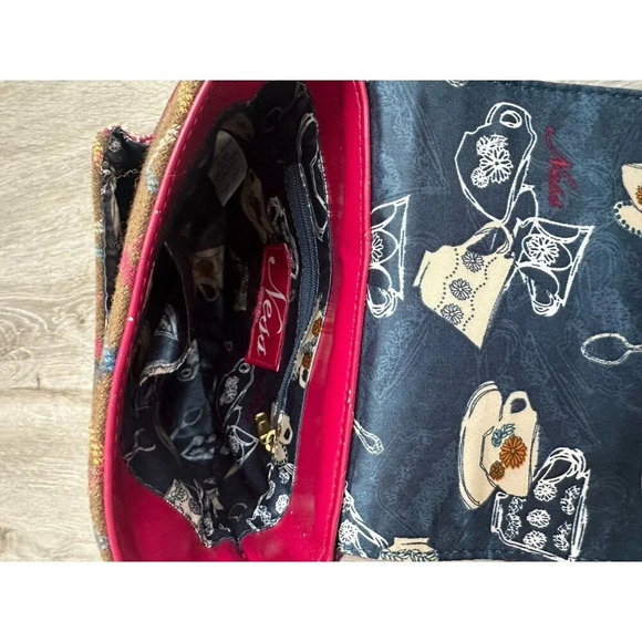 NESS Wool Rich Check Crossbody Bag Satchel Messenger Shoulder Pink Leather Trim - Picture 4 of 9